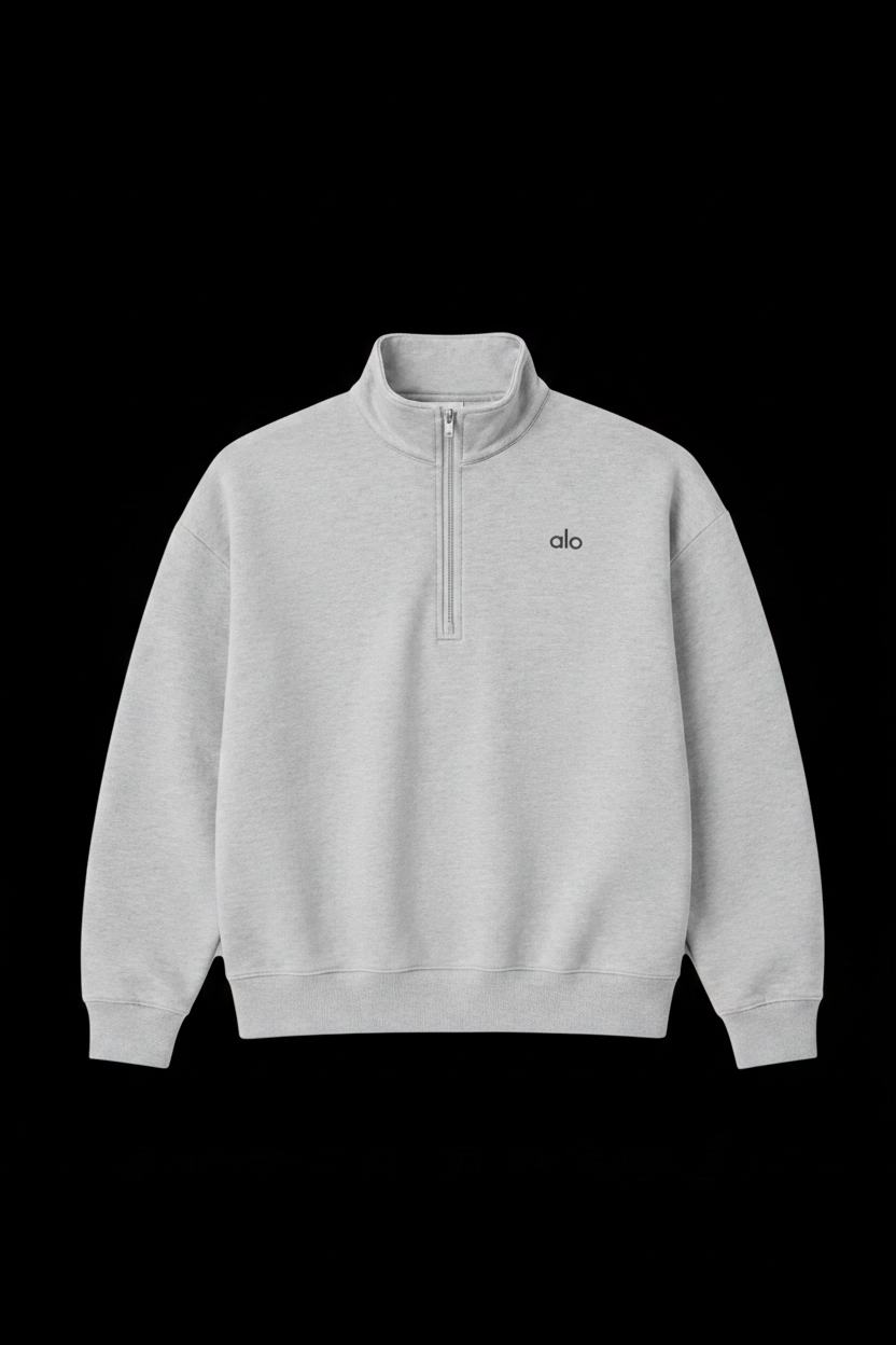 Alo grey quarter-zip on black background