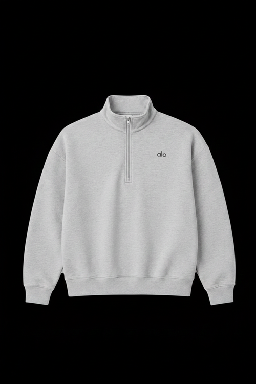 Alo grey quarter-zip on black background