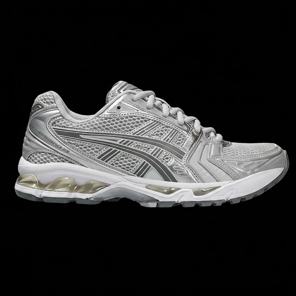 ASICS Gel Kayano 14 silver black background