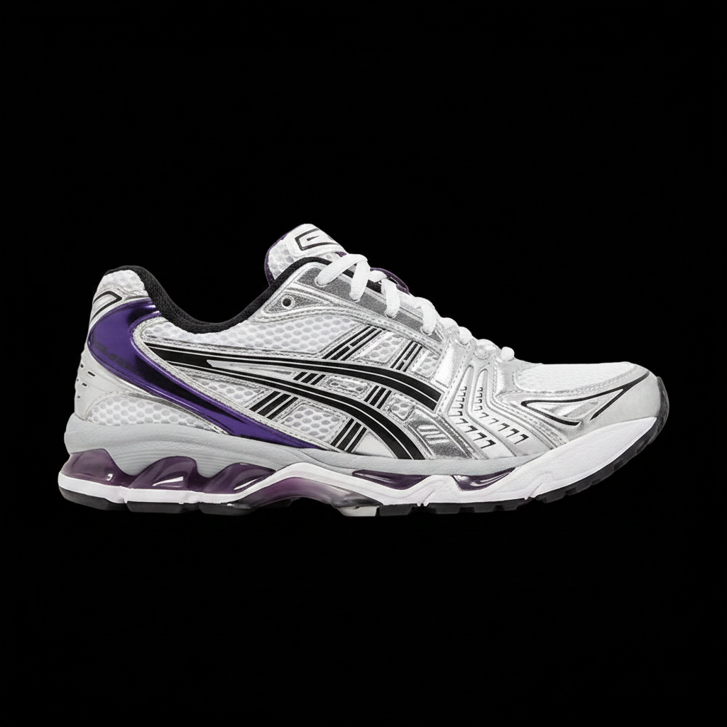 ASICS Gel Kayano 14 Silver Grape black background