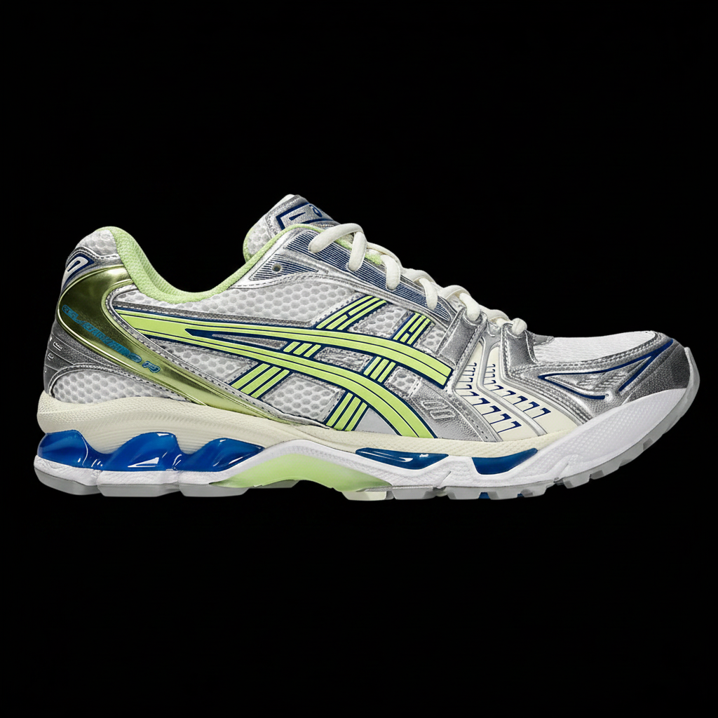 ASICS Gel Kayano 14 white silver lime blue black background
