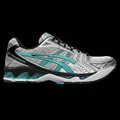 ASICS Gel Kayano 14 white silver teal black background
