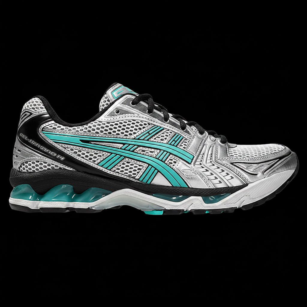 ASICS Gel Kayano 14 white silver teal black background