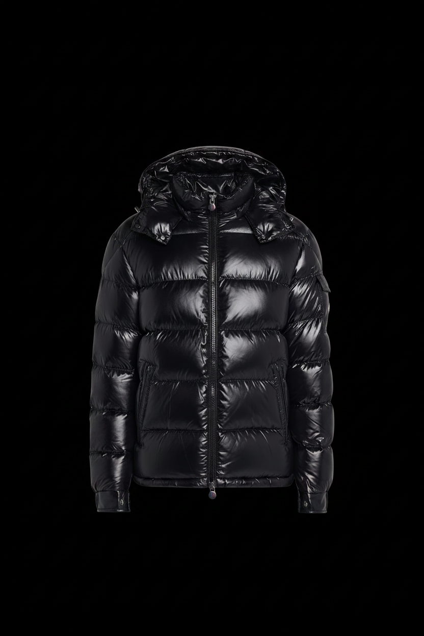 Glossy black puffer jacket on black background