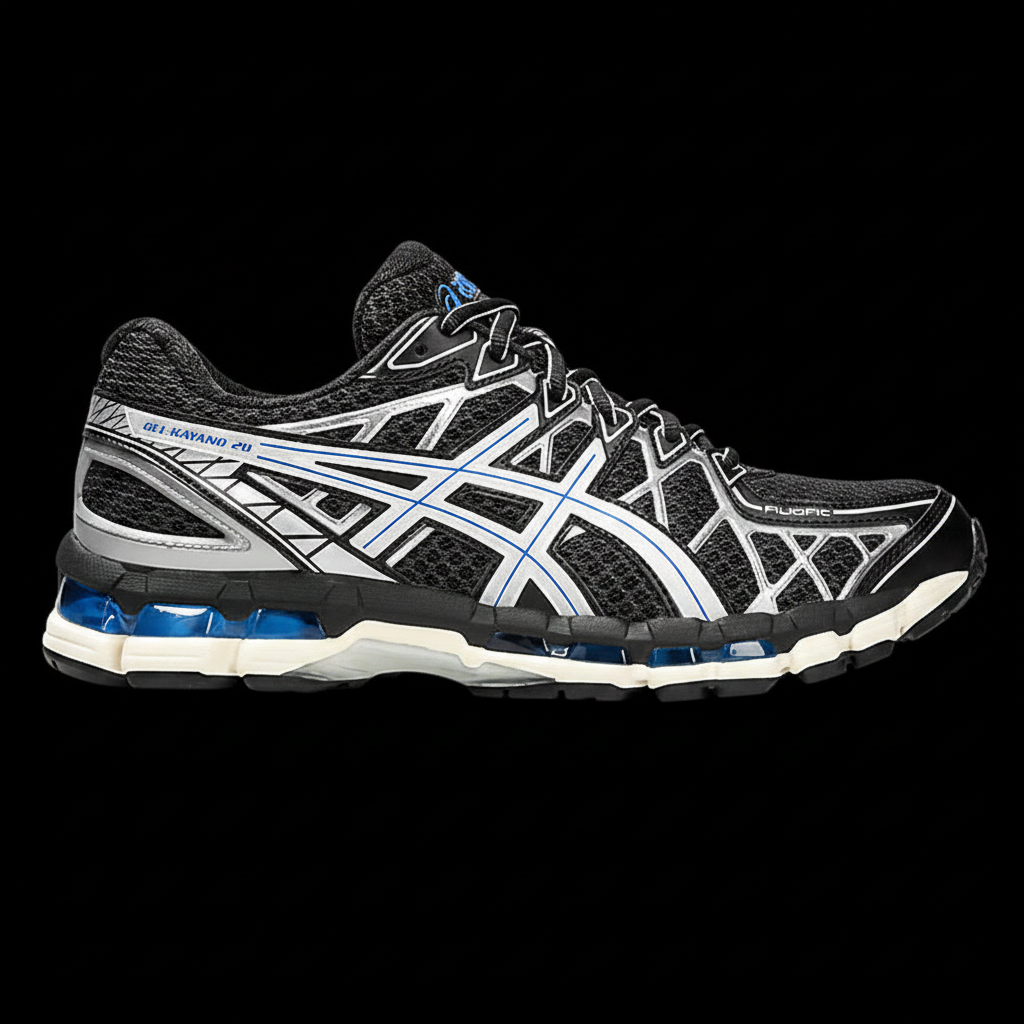 ASICS GEL-Kayano 20 Black/Pure Silver on black background