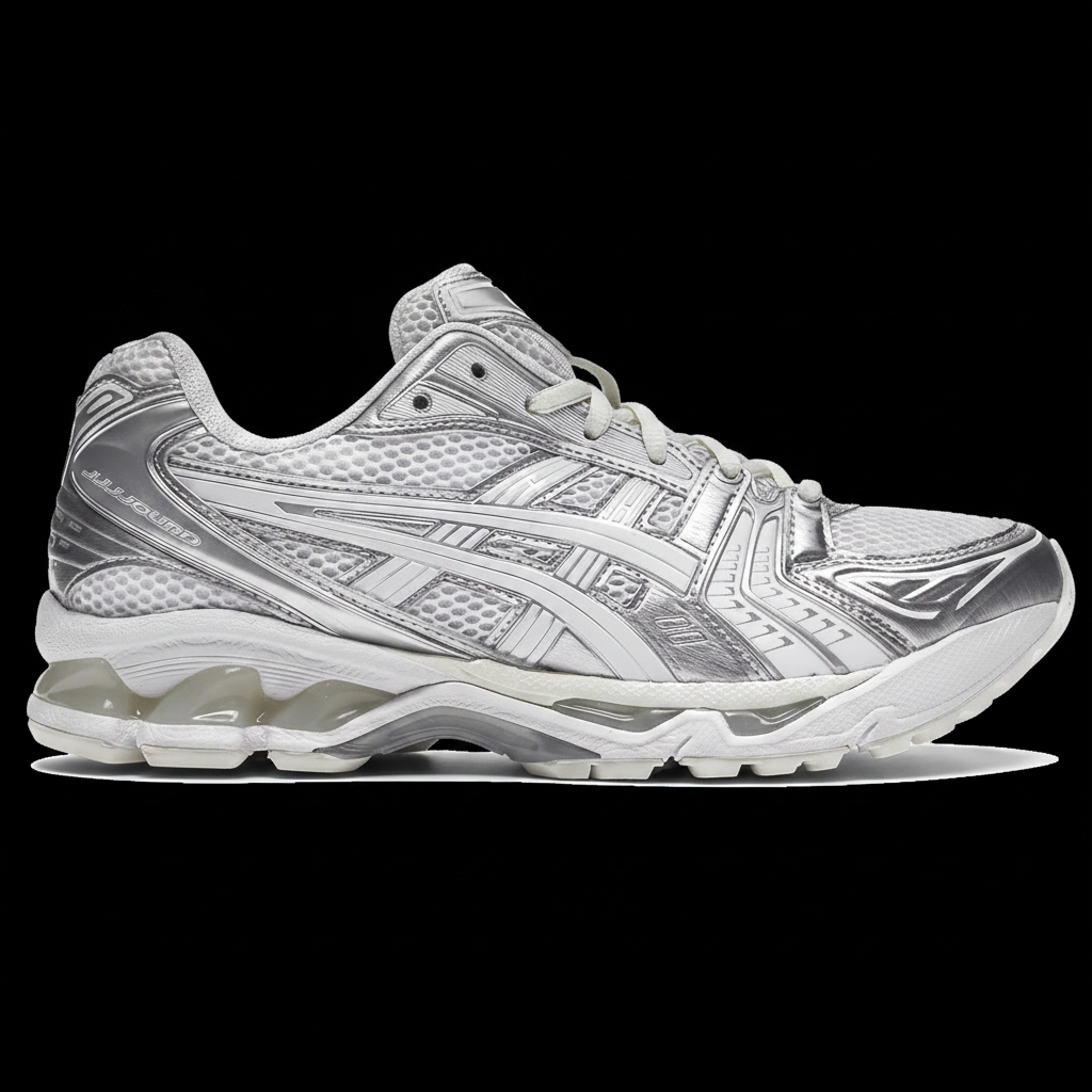 JJJJound x ASICS Gel Kayano 14 Silver White black background