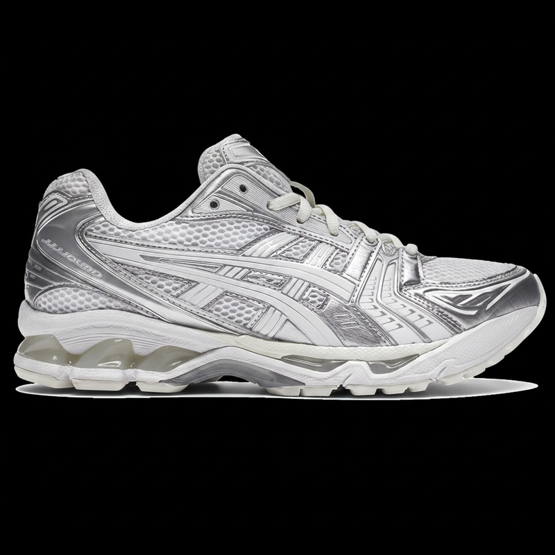 JJJJound x ASICS Gel Kayano 14 Silver White black background