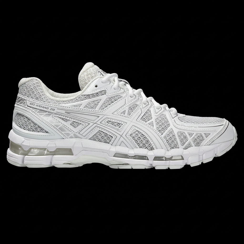 White running shoe with black background
