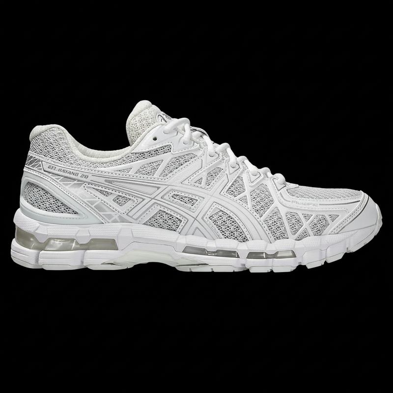 White running shoe with black background